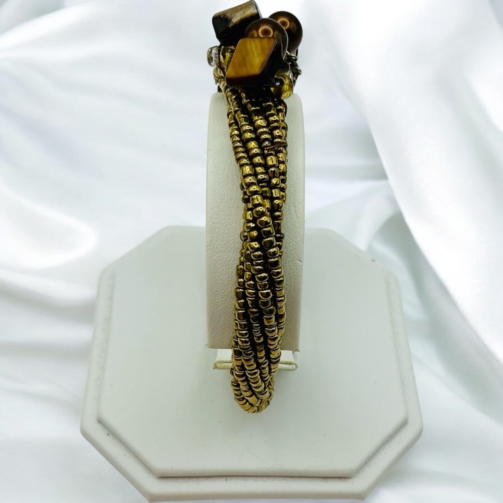 Indigenous Beaded wrap Bracelet Gold, Cream, & Brown Stone Gold Beaded - Picture 4 of 4